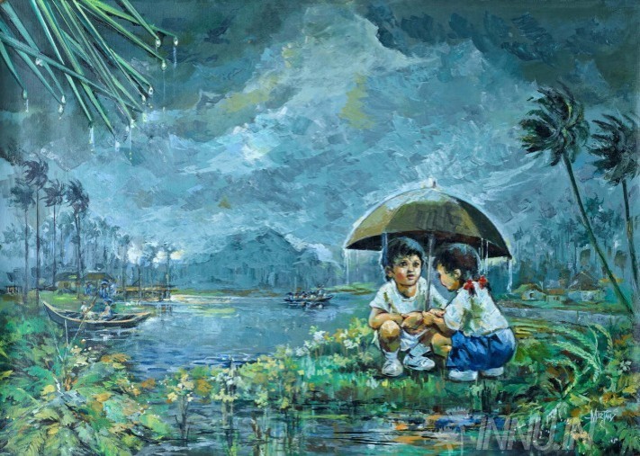 sketch of children playing in rain